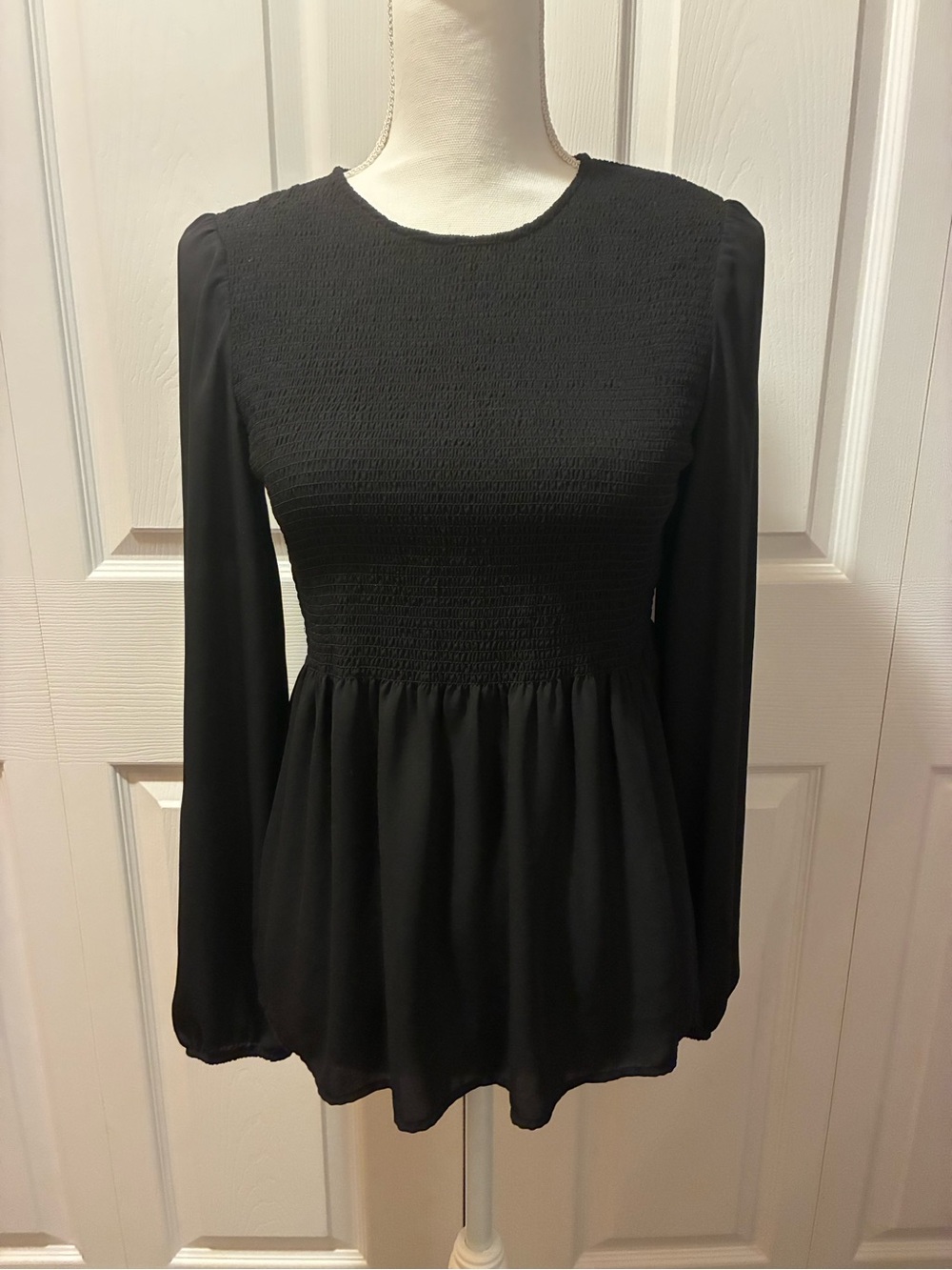 Express Black Smocked Long-Sleeve Peplum Tunic